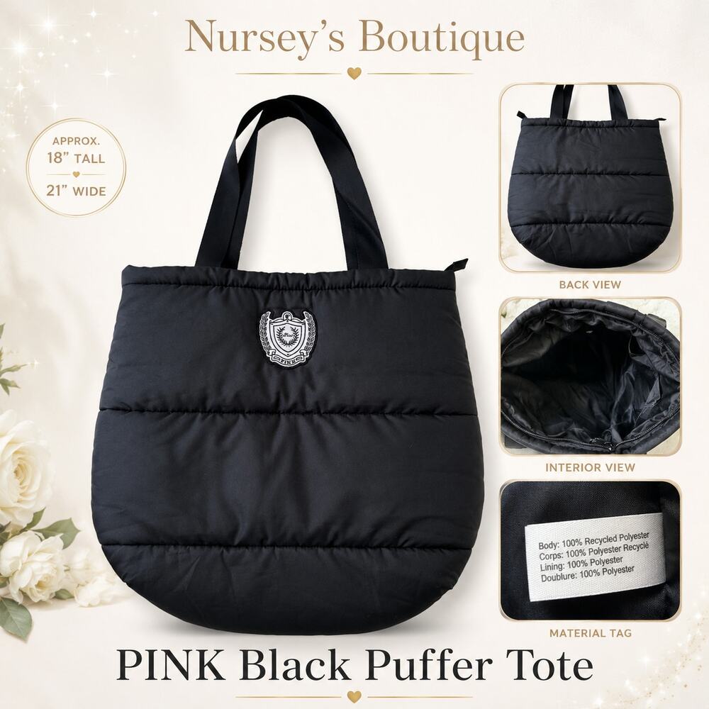 PINK Victoria’s Secret Black Quilted Puffer Tote Bag Crest Patch Travel Gym